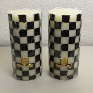 MacKenzie-Childs Black and White Checkered Candles with Gold Accents